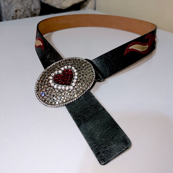Bebe Vintage Rhinestone Heart Western Flame Leather Belt Size M/L - Picture 5 of 14